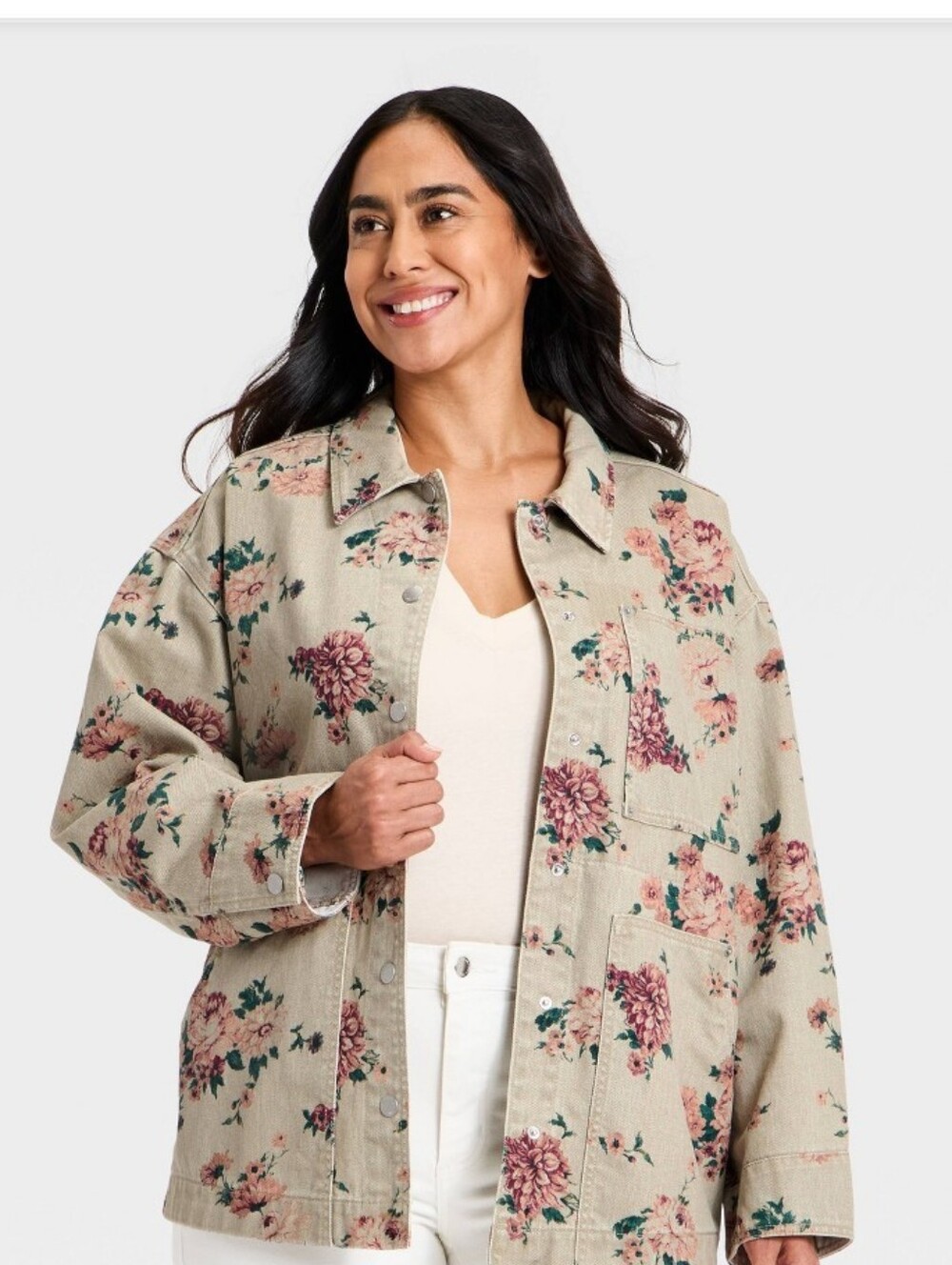 Universal Thread Cream Denim Jacket with Subtle Floral Design.